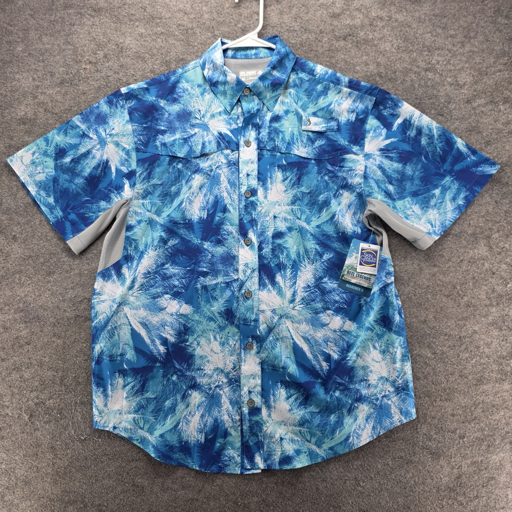Reel Legends Shirt Mens M Blue Palm Short Sleeve Fishing Button Up Mariner II